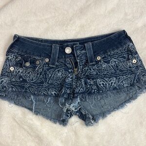 True Religion Blue Paisley Jean Shorts